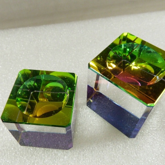 Set 2 crystal glass iridescent multicolor square block stand Egg Sphere holder - Picture 1 of 7